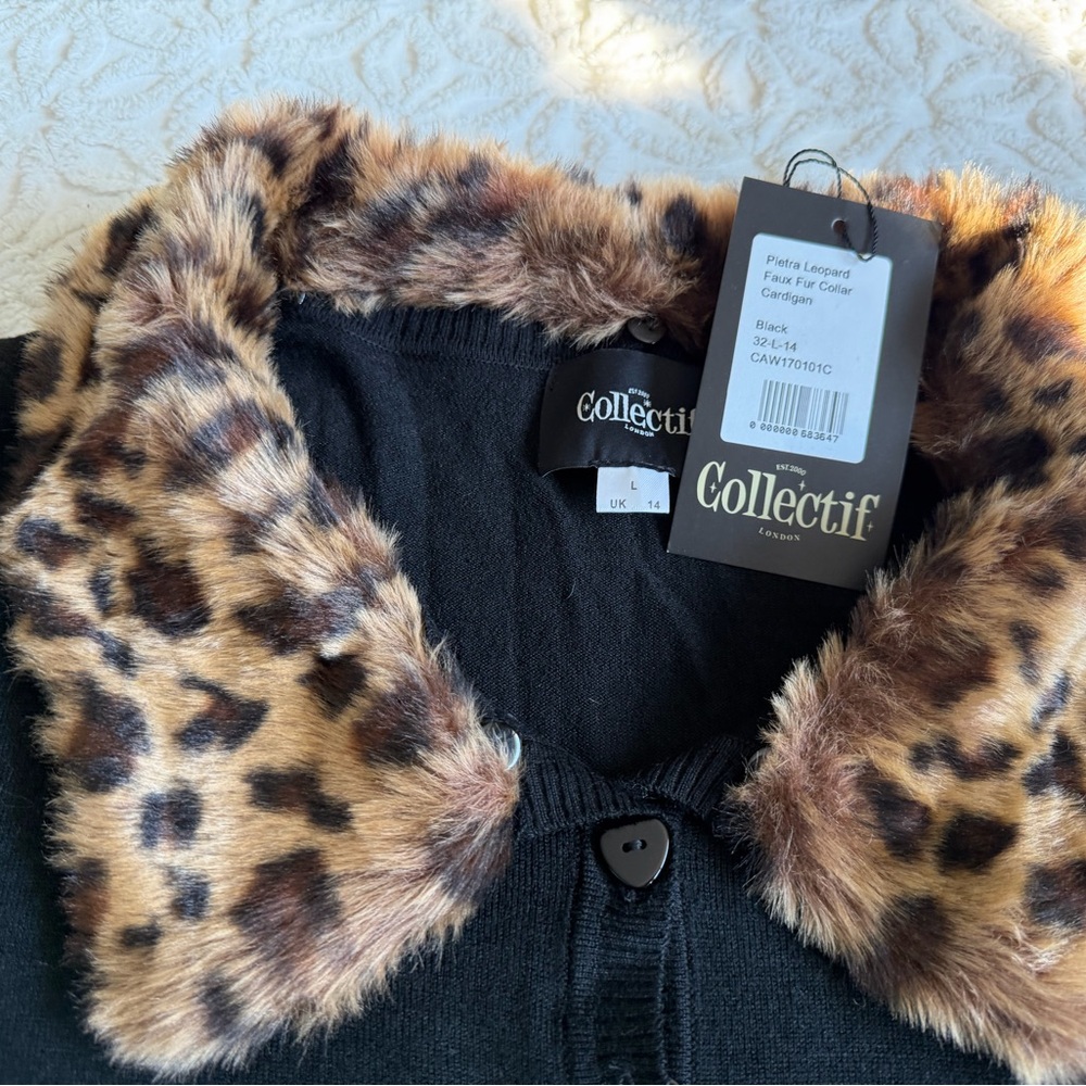 Collectif Black Cardigan with Leopard Fur Collar - Picture 2 of 4